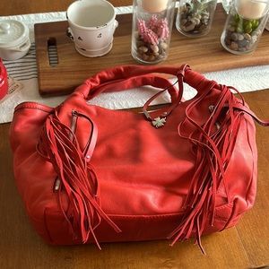 100% Leather Red Lucky Brand Red Hobo Bag with Fringe